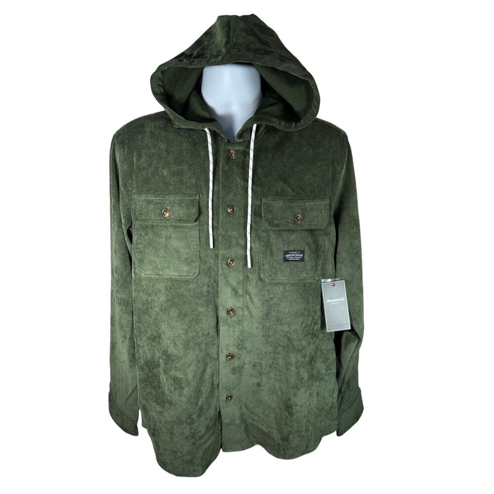 AEROPOSTALE NYC Mens Green Corduroy Button Up Hoodie Large